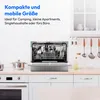 A compact dishwasher is shown open on a kitchen counter, with text describing its features and ideal uses. Produktbild-Vorschau