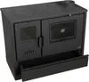 A black cast iron kitchen stove with a glass oven door and stovetop burners. Produktbild-Vorschau