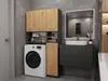 A modern bathroom with a washing machine, storage cabinets, and a vanity with a sink and mirror. Produktbild-Vorschau