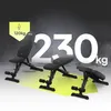 Three adjustable weight benches are displayed on a yellow and gray background with large white numbers indicating weight capacity. Náhľad obrázku produktu