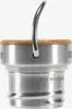 Close-up of a stainless steel bottle cap with a bamboo insert and a metal handle. Podgląd zdjęcia produktu
