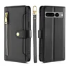 A black leather wallet phone case for a Google Pixel 7 Pro is displayed from multiple angles, showing its features. Produktbild-Vorschau