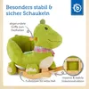 A plush dinosaur rocking toy with descriptive text and a logo. Produktbild-Vorschau