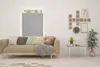 A living room scene with a sofa, window blinds, and decorative wall art. Produktbild-Vorschau