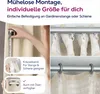 A collage of images showing how to measure and attach curtains, with text overlays describing features. Produktbild-Vorschau