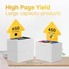 Marketing image showing stacks of paper representing page yield for black and color ink cartridges. Produktbild-Vorschau