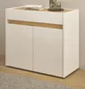 A white and wood-tone cabinet with two doors, placed on a wooden floor with a rug in front. Produktbild-Vorschau