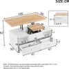A diagram showing the dimensions of a coffee table with a lift-top feature and drawers. Anteprima dell’immagine prodotto