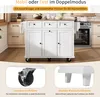 A kitchen island with drawers and cabinets is shown in a kitchen setting, with close-ups of its wheels and legs. Náhled obrázku produktu