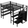 A black metal loft bed with a desk and shelves underneath, shown from a diagonal angle against a white background. Náhled obrázku produktu
