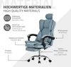 A blue ergonomic office chair with various features highlighted by text labels. Produktbild-Vorschau