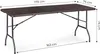A brown folding table with black metal legs is shown against a white background, with dimensions indicated by measurement lines and text. Produktbild-Vorschau