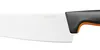 A close-up view of a chef's knife with a white blade and a black and orange handle. Podgląd zdjęcia produktu