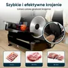 A slicer cutting tomatoes, with inset images showing different meat slice thicknesses. Podgląd zdjęcia produktu