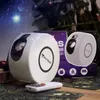 A star projector and its remote control are displayed on a wooden surface with a festive, starry background. Podgląd zdjęcia produktu