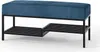 A blue upholstered bench with a black metal frame and two shelves for shoe storage. Náhľad obrázku produktu