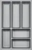 A top-down view of a gray plastic drawer organizer with multiple compartments. Produktbild-Vorschau