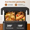A close-up marketing image of a dual-chamber air fryer, showing two different types of food being cooked simultaneously. Produktbild-Vorschau