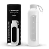 A white glass water bottle with a silicone sleeve and a black cylindrical packaging tube. Produktbild-Vorschau