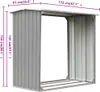 A gray metal firewood storage shed with dimensions indicated by text overlays. Produktbild-Vorschau