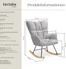A diagram showing the dimensions of a rocking chair, with text providing product specifications and delivery information. Produktbild-Vorschau
