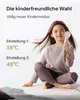 A young girl is sitting on the floor holding a pink hair dryer. The image has text overlays describing features. Voir les images du produit