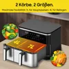 A dual-chamber air fryer with food items shown in inset circles. Produktbild-Vorschau