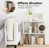A white bookshelf with various decorative items and books, placed next to a white sofa with a grey blanket. Produktbild-Vorschau