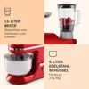A collage of images showcasing different parts and features of a red kitchen mixer, including a blender attachment and a mixing bowl. Produktbild-Vorschau