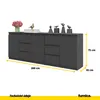 A dark gray sideboard with drawers and doors, decorated with flowers and small bird figurines. Dimensions are indicated by yellow lines and text. Náhľad obrázku produktu