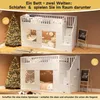 A split image showing a white bunk bed with stairs, decorated for Christmas in the top and bottom panels. The top panel shows the lower bunk as a play area, and the bottom panel shows it as a sleeping area. Produktbild-Vorschau