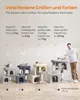 A man is interacting with several cat trees of different sizes and colors, with text describing their suitability for different cat weights and sizes. Produktbild-Vorschau