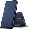 A blue flip case for a Huawei Mate 20 Lite phone is shown standing upright, with the phone's camera visible through the case. Produktbild-Vorschau