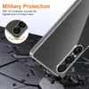 A transparent phone case is shown on a dark, broken surface, with text highlighting its protective features. Produktbild-Vorschau