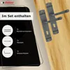 A product image showing door handles and included accessories, with text overlays describing the contents of the set. Produktbild-Vorschau