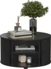 A dark wood round coffee table with decorative items on top and inside its shelves. Náhled obrázku produktu