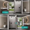 A split image showing two different configurations of a shower door, one opening outwards and the other inwards, with close-up details of the handles. Produktbild-Vorschau