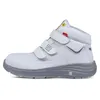 A white and gray safety boot is shown in a studio shot against a white background. Produktbild-Vorschau