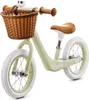A light green balance bike with a brown wicker basket and brown grips, set against a white background. Anteprima dell’immagine prodotto