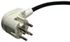 A close-up shot of a white and black electrical plug with silver pins, against a white background. Produktbild-Vorschau