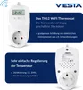 A marketing image showing a white WiFi thermostat plug and its features. Podgląd zdjęcia produktu
