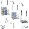 A collage showing three different configurations of a wooden baby swing with gray cushions, illustrating its 3-in-1 functionality. Anteprima dell’immagine prodotto