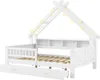 A white house-shaped bed with LED lights, drawers, and shelves. Produktbild-Vorschau