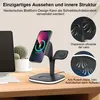 A black wireless charging station with a phone and earbuds on it, placed on a wooden desk next to a computer monitor and a potted cactus. Produktbild-Vorschau