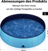 A blue dog pool filled with water, with dimensions indicated. Produktbild-Vorschau