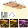 A collage of images showing a foldable LED grow light, its remote controls, and different lighting modes illuminating plants. Náhľad obrázku produktu