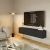 A modern living room with a grey sofa, a glass coffee table, and a wall-mounted TV board. Voir les images du produit