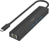 A black USB-C hub with multiple ports is shown on a white background. Produktbild-Vorschau