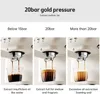 Three close-up shots of an espresso machine's portafilter and dripping espresso, illustrating the effect of different bar pressures on extraction. Produktbild-Vorschau