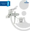 A chrome-plated faucet with a hose attachment and a magnified view of an adapter. Produktbild-Vorschau